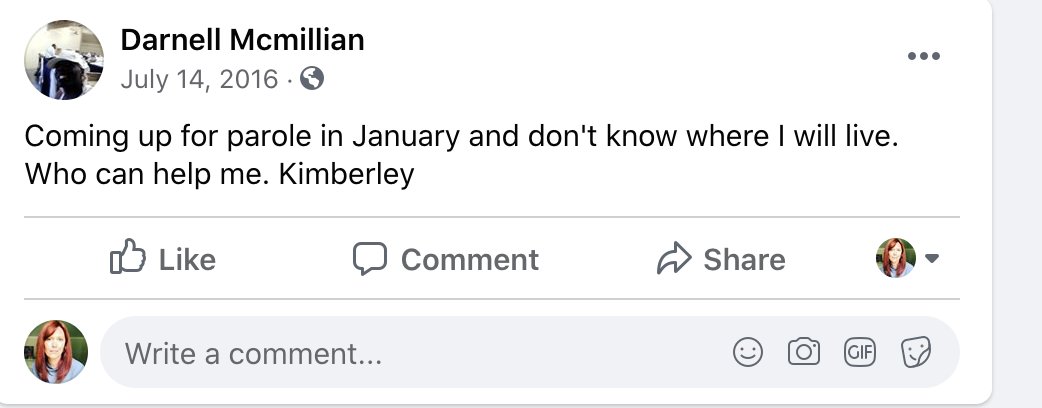 His last post was 2017. "I go up for parole today!" he writes. 2 people wish him luck. A few posts before he asks if anyone will trust him "with a place to call home." A full year before that he is anxious having nowhere to live. "Who can help me," he writes. No one answers. 5/7