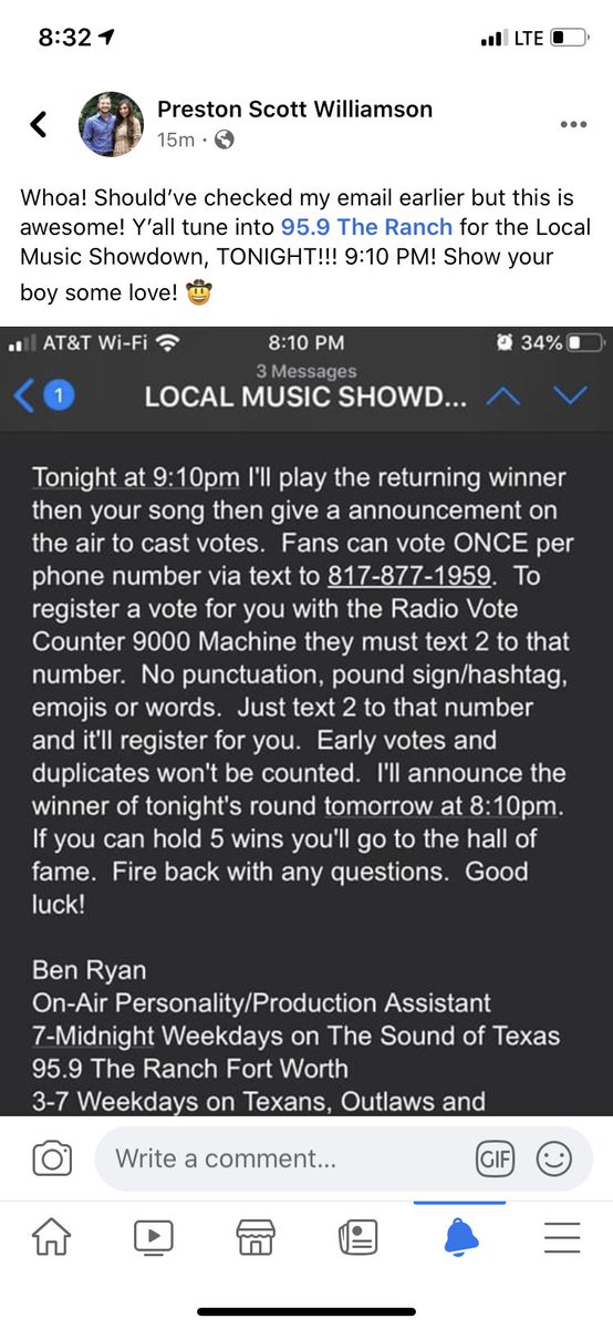 ColtForTexas's tweet photo. Yo tweeter, y’all go vote for my boy tonight so he can get some love on shined down on his music career! https://t.co/m49oCGwJbq