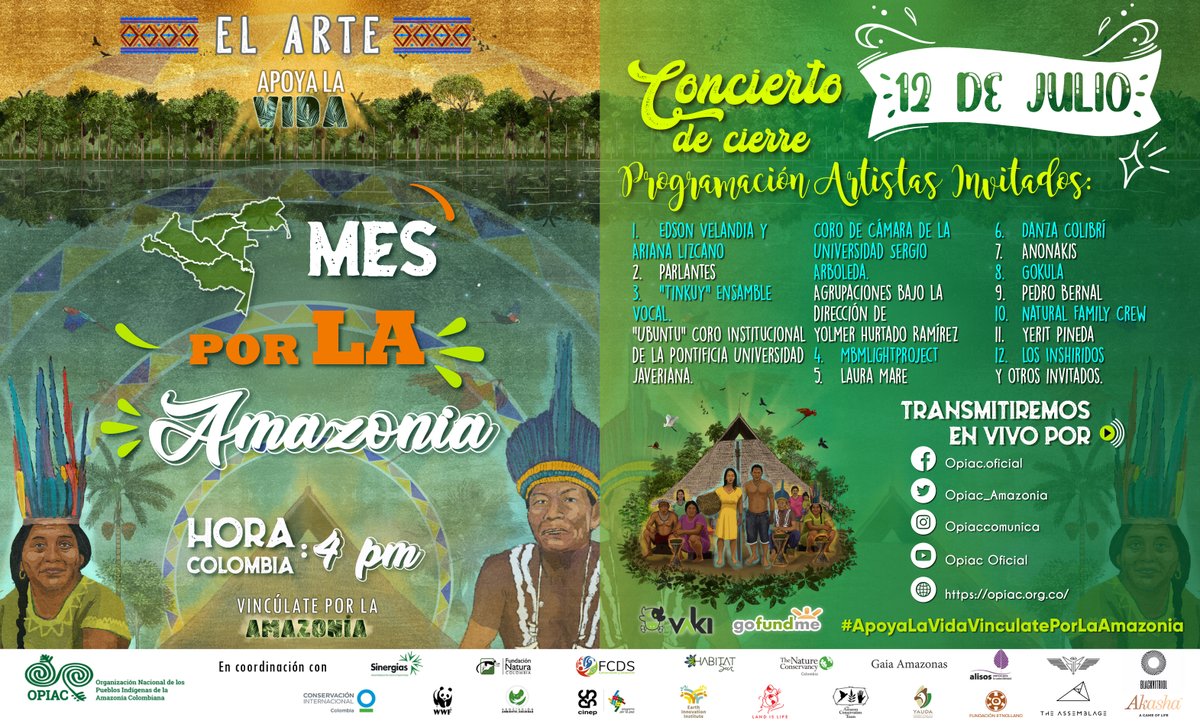 📢 Te invitamos al Concierto de cierre del #MesPorLaAmazonia🌿 con diferentes artistas 🗓️ este domingo 12 de julio desde las 4 pm 🕓 No te lo pierdas, a través de nuestras redes sociales. 📲  POR LA SALUD DE LOS PUEBLOS INDÍGENAS AMAZÓNICOS 🌱 #ApoyaLaVidaVinculatePorLaAmazonia🍃