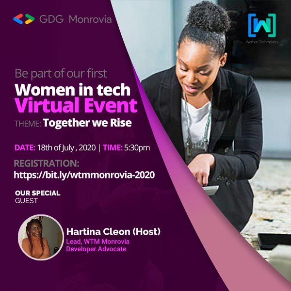 GDGMonrovia's tweet photo. We are so excited that our WTM Lead, @hart4849 will be hosting an event on the 18th of July for the ladies. Registration https://t.co/WHCe4u93nR #liberiatech #techstacklib https://t.co/JQFt9M5kyr https://t.co/fXxbKDtpIk https://t.co/4wkuzAdBcI