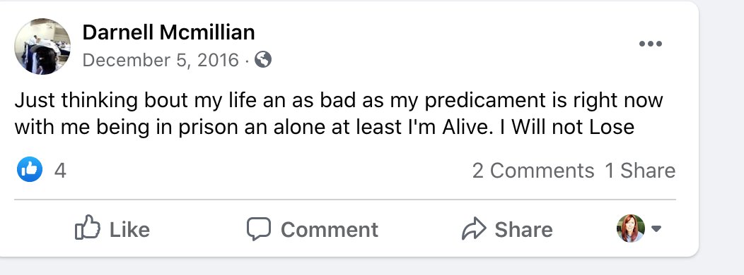 The post that got me was this one. I imagine him writing it in an overcrowded, loud dorm as he wills himself to get through just one more hellish day. "At least I'm alive," he writes. "I will not lose." I wish we had done better for Mr. McMillian. I hope he rests in peace. 7/7