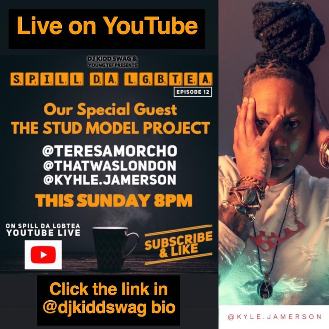 Also..This Sunday at 8pm myself @thatwaslondon &amp; @teresamorcho will be special guests on the HOT new show “Spill Da LGBTea”☕️ so make sure yall TUNE IN‼️ The episode will be LIVE on the “Spill Da LGBTea” YouTube page and the link to watch is in <a href="/djkiddswag/">Dj Kidd Swag</a> bio!
