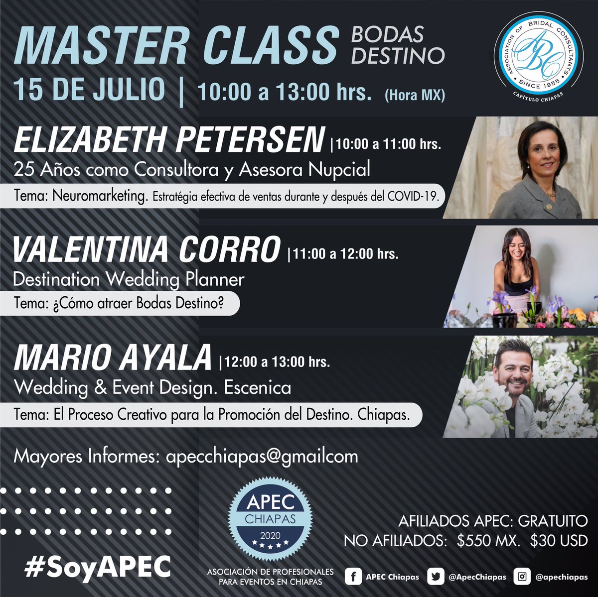 ApecChiapas's tweet photo. #MasterClass APEC. #BodasDestino
Regístrate en: apecchiapas@gmail.com 
¡No te puedes perder ésta gran oportunidad! 

#TurismoDeRomance #SECTUR #ABCChiapas #APEChiapas https://t.co/S3ujJNBECz