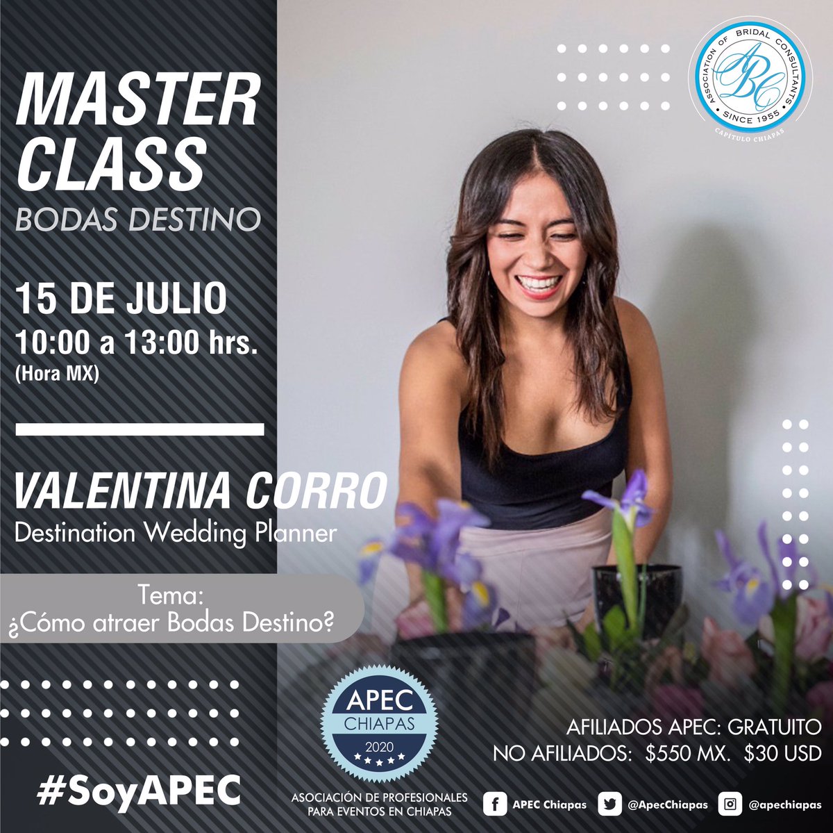 ApecChiapas's tweet photo. #MasterClass APEC. #BodasDestino
Regístrate en: apecchiapas@gmail.com 
¡No te puedes perder ésta gran oportunidad! 

#TurismoDeRomance #SECTUR #ABCChiapas #APEChiapas https://t.co/S3ujJNBECz