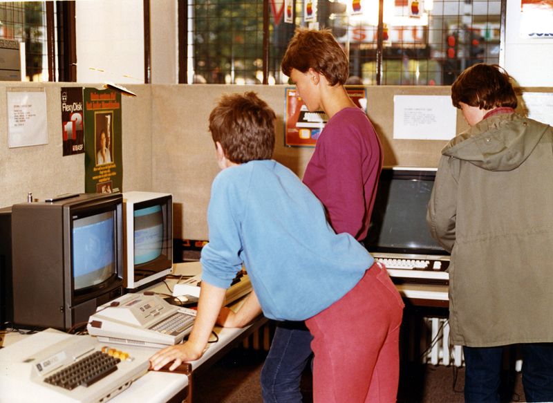 “Boys at a computer store in West Germany” (1983)I don’t know the original source for this photo. Not 100% sure this looks like a store (as opposed to e.g. an expo).