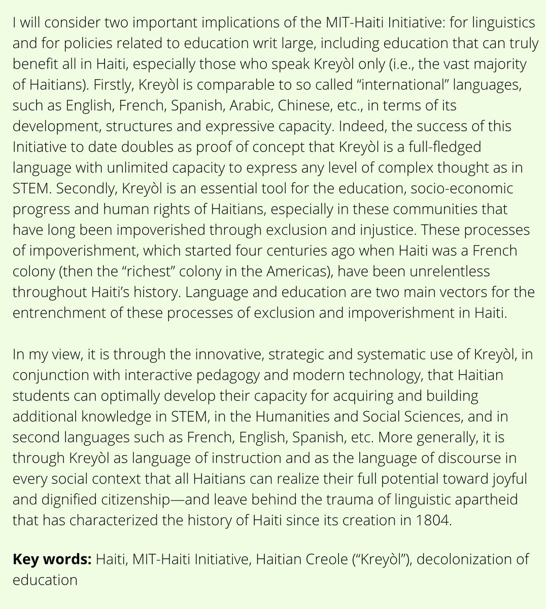 MichelDeGraff's tweet photo. "The politics of education in post-colonies: Kreyòl in Haiti as a case study of language as technology for power and liberation" — in the Journal of @OfPostcolonial Linguistics. https://t.co/ZCnsAJbseY https://t.co/F2EtvUly54