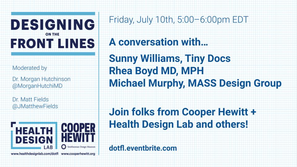 Join The Health Design Lab + <a href="/cooperhewitt/">Cooper Hewitt</a> this Friday, July 10, 5p ET/2p PT! It's an interactive chat about health design topics around the pandemic.

This week meet our amazing guests:
<a href="/SnnyWilliams/">Sunny Williams</a> 
<a href="/RheaBoydMD/">Rhea Boyd MD, MPH</a> 
@MASSDesignLab, Murphy

Register: cooperhewitt.org/event/designin…