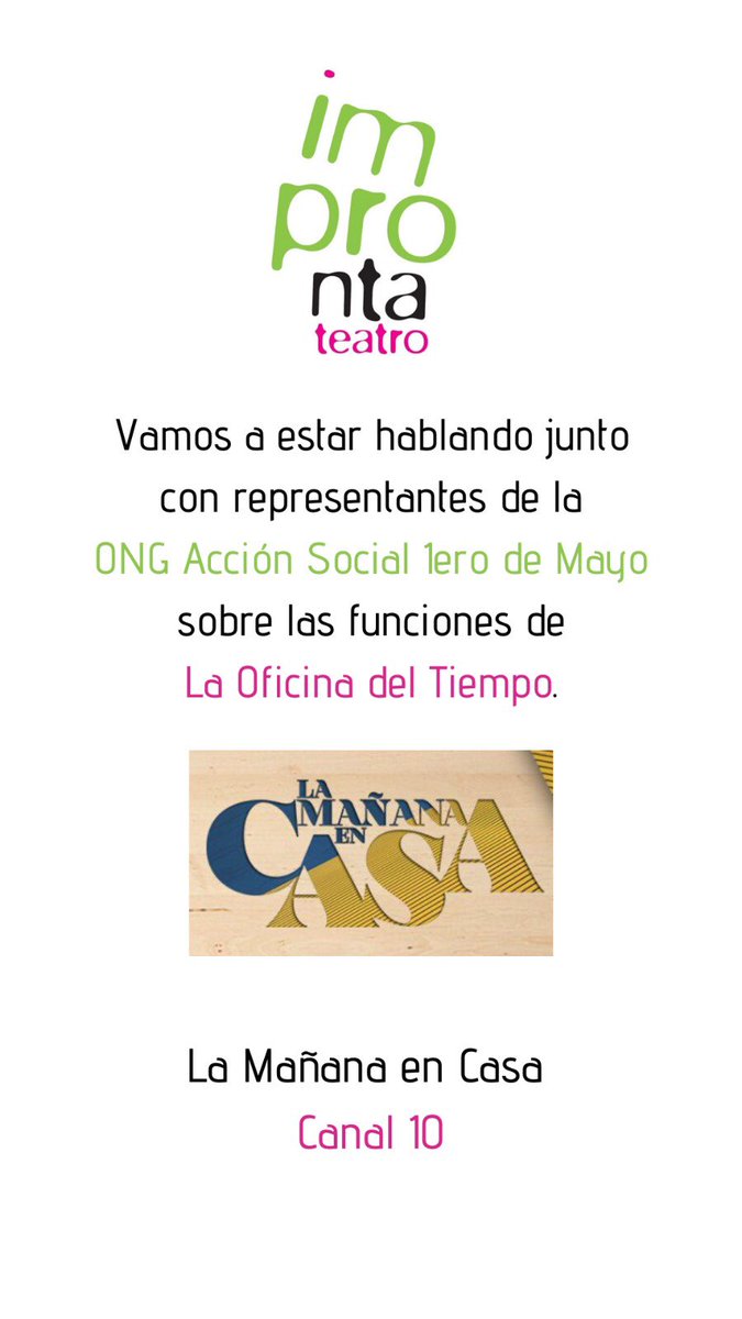 No te pierdas mañana el móvil en vivo hablando de La Oficina del Tiempo y las acciones a las cuales será donado el dinero recaudado! <a href="/lamananaencasa/">LA MAÑANA EN CASA</a> 
.
#impro #teatroonline #teatrouruguay #improvisacion