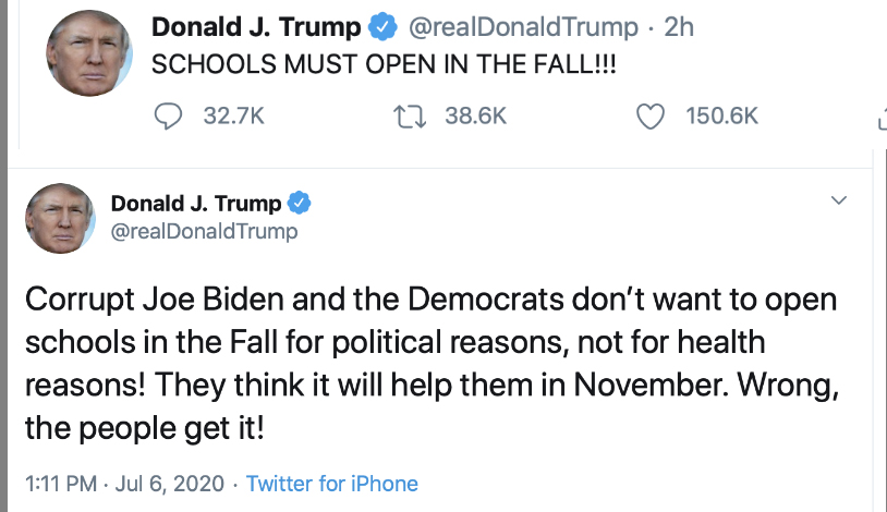 . . . acknowledging that there is a risk. Acknowledging a risk means people will be hesitant to go to bars and restaurants. Businesses will lose money, and people will get laid off. He claims Democrats are playing up the virus to hurt the economy to hurt his reelection.