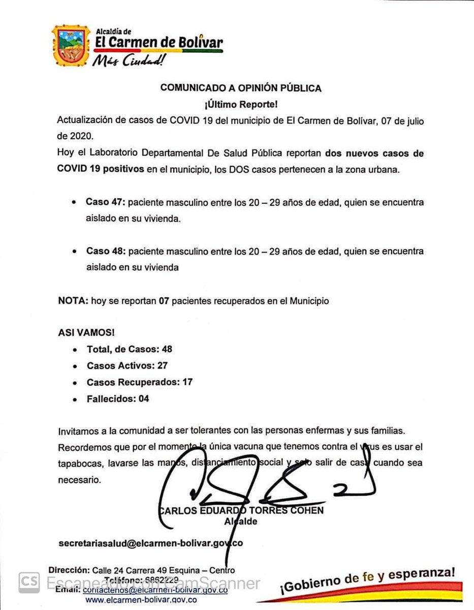 elcarmenmasc's tweet photo. ¡Comunicado a la opinión pública!

Hoy se reportaron dos casos de Covid-19, en dos hombres entre los 20 - 29 años de edad. La cifra aumenta a 48 casos reportados en el municipio, de estos se reportan 17 recuperados.

#QuedateEnCasa
#PorElCarmenMasCiudad https://t.co/Ky3BelGmKK