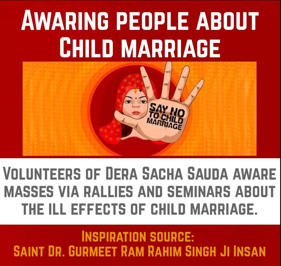 Parul53709603's tweet photo. Child marriages is a curse for society. To prevent this, Saint Dr. @Gurmeetramrahim G Insan started the  #StopChildMarriage initiative under which millions of @derasachasauda followers have pledged not to get their children married before the legal age. https://t.co/4BTQ2Ob6oJ