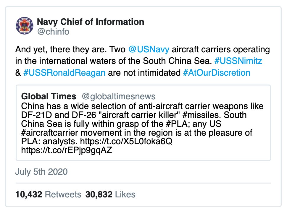 adam_tooze's tweet photo. "Not intimidated #AtOurDiscretion"
… seriously, this is how the US navy responds to the nationalist propagandists of China’s Global Times. https://t.co/d3ntf4fxYF