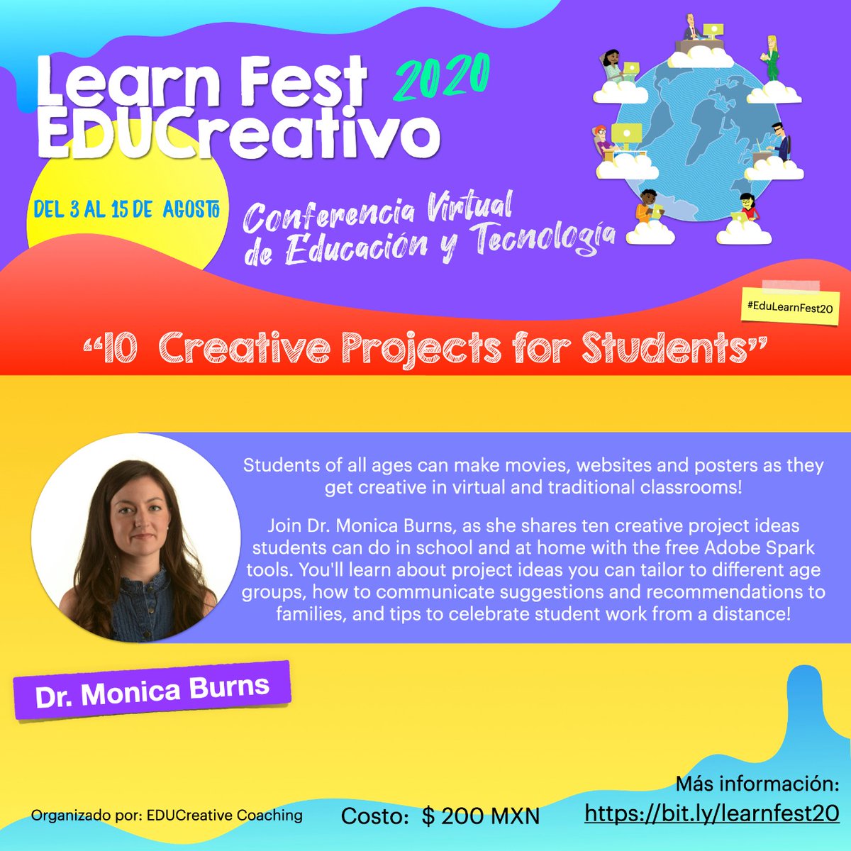 Hoy te presentamos a la Dra. Monica Burns, educadora, autora,  y consultora de tecnología educativa. 

Del 3 al 15 de agosto.
 Costo $200 MXN por todo el evento (menos de 10 USD!)
Inscríbete en bit.ly/learnfest20

#EduLearnFest20 #distancelearning #aprendoencasa