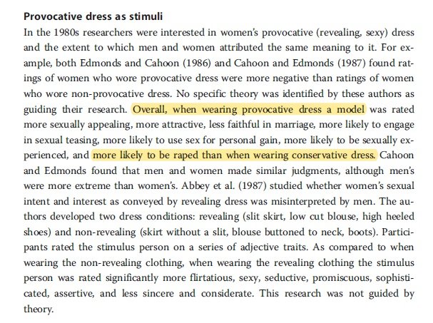Kajian psikologi (2014) ada menyatakan bahawa wanita yang memakai pakaian provokatif lebih mengundang gangguan seksual & lebih cenderung untuk dipandang sebagai objek menurut "objectification theory"