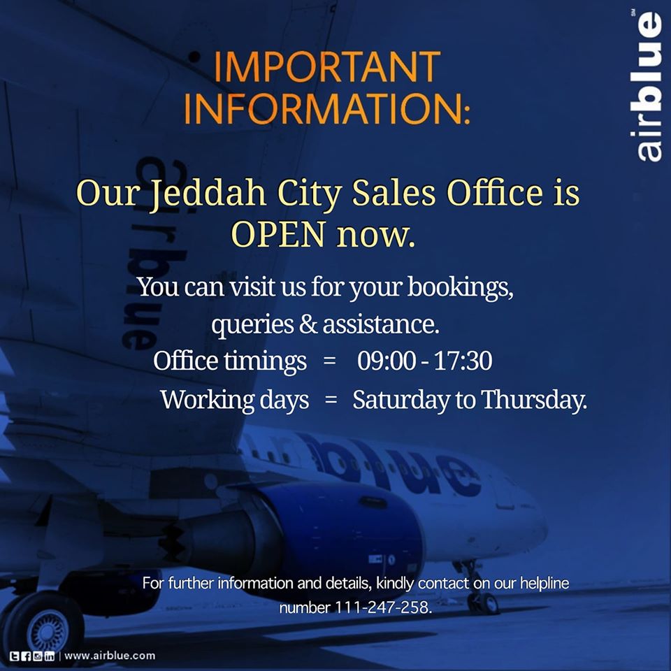 airblueairline's tweet image. #ImportantNotification

Our #Jeddah City Sales Office is OPEN so now you can visit us for your bookings, queries &amp;amp; assistance 😊

#airblueCares 💙
