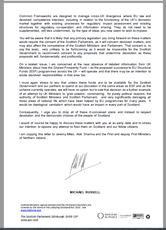 You can read Mike Russell's letter to Michael Gove here, which elucidates some of the plans which are rattling the devolved administrations - but will also raise BIG Qs about UK govt's future real intentions standards/doing trade deals. /19