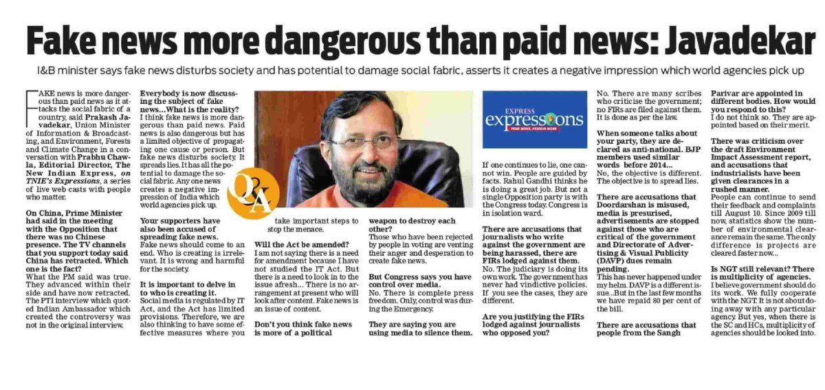 PrakashJavdekar's tweet photo. Fake news more dangerous than paid news @NewIndianXpress https://t.co/bsjJpltmZT