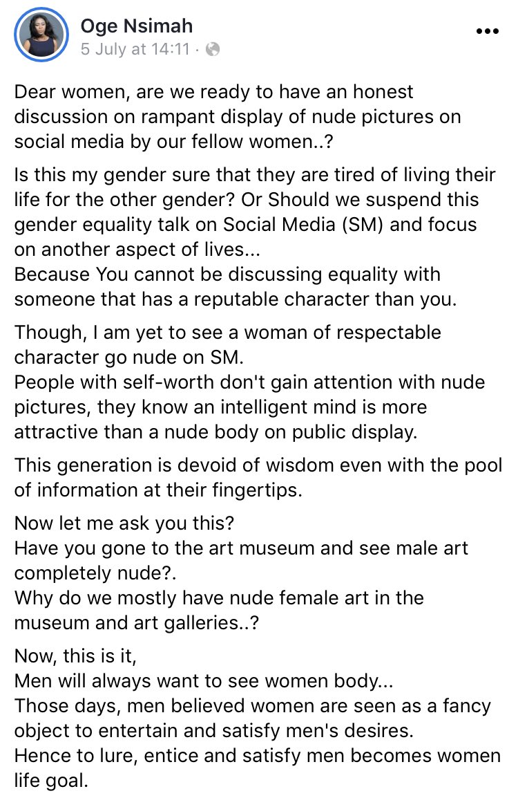 Postsubman's tweet photo. - “I am yet to see a woman of respectable character go nude on social media” - Nigerian Writer. https://t.co/N5wFKILemi