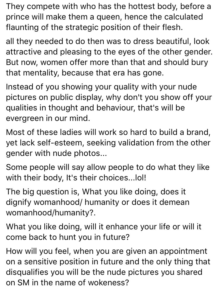 Postsubman's tweet photo. - “I am yet to see a woman of respectable character go nude on social media” - Nigerian Writer. https://t.co/N5wFKILemi