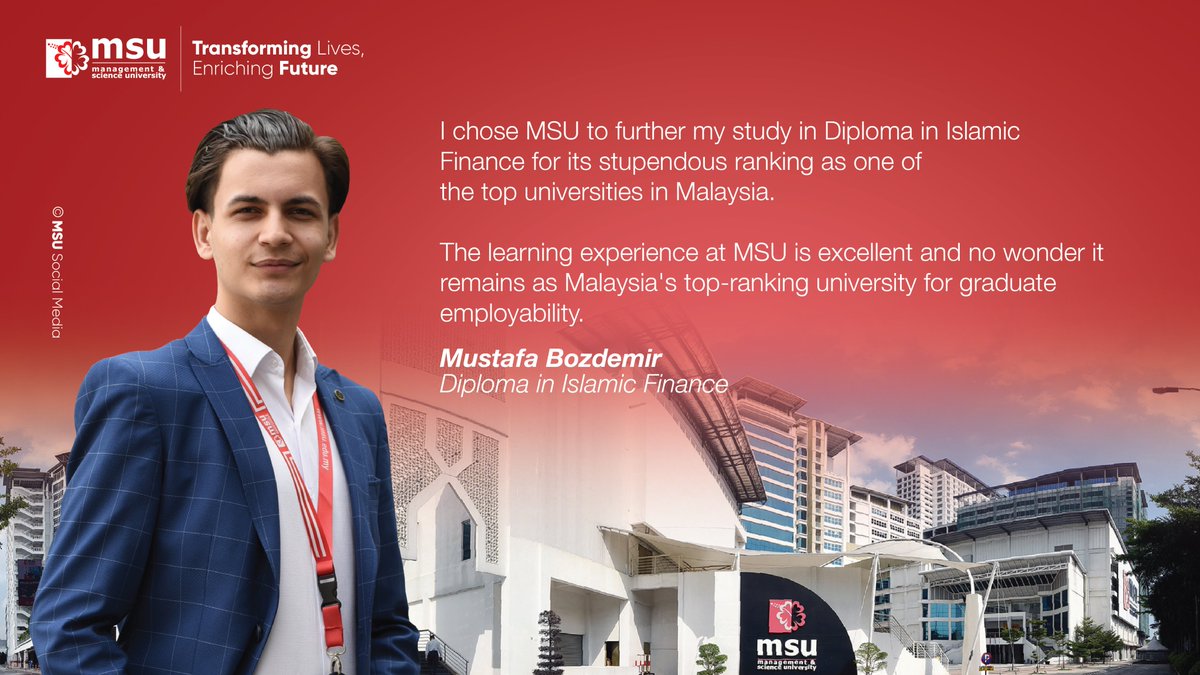 MSUmalaysia's tweet photo. Meet our International student who is pursuing Diploma in Islamic Finance at #MSUmalaysia and find out what spurred his choice to study here.
#beMSUrians and let's transform your future here at MSU!

Diploma in Islamic Finance▶️https://t.co/WslMQ66qpf
#MSUglobal https://t.co/K2wbS86NUB
