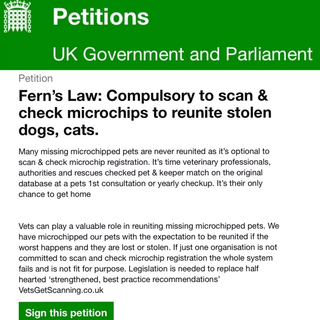 VetsGetScanning's tweet image. #WednesdayMotivation 
We start today with 83,658 signatures, our target is 100k 
The future of missing microchipped pets is dependent on a single microchip ID check. SIGN &amp;amp; RT to make it compulsory for vets to check microchip ID at 1st treatment #FernsLaw 
petition.parliament.uk/petitions/3000…