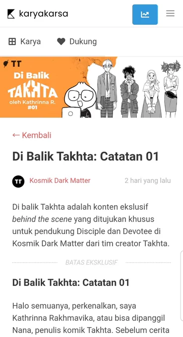 Teman2, kalau kalian langganan Kosmik Dark Matter di @karyakarsa_id dengan tier Disciple dan Devotee, kalian bisa baca tulisan2 di balik pembuatan #KomikTakhta juga lho! Di Catatan 1, saya nulis soal merancang karakter Waru di komik Takhta :) sedikit sneak peeknya ? 