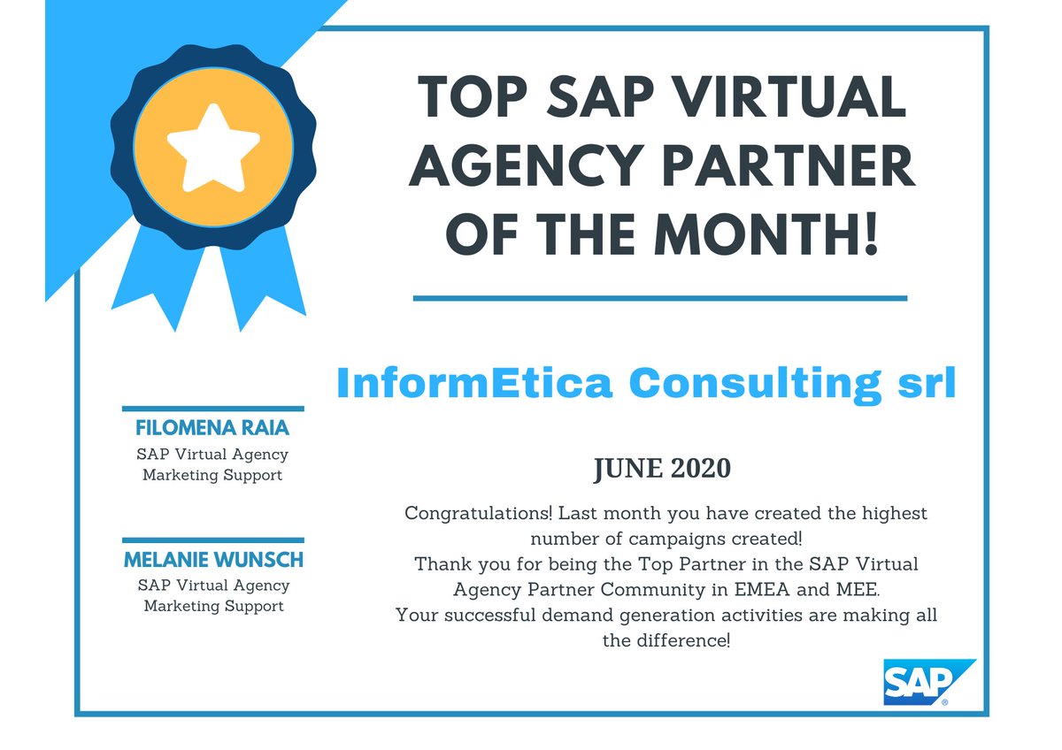 InformEtica Consulting is Top Partner of the month in the <a href="/SAP/">SAP</a> Virtual Agency Partner Community EMEA and MEE. Congratulationts <a href="/MyriamBernardin/">Myriam Bernardinello</a> Melanie Norin <a href="/SabrinaInformEt/">Sabrina</a> your work makes a difference!
<a href="/FiloMarketing/">Filomena Raia 梅利</a> <a href="/AngelPoullain/">Angeline Poullain</a> <a href="/pauloalmeidaSME/">Paulo Almeida</a> <a href="/MelanieWunsch/">Melanie Wunsch</a> <a href="/TDVSAPB1/">Tiziana Del Vecchio</a>