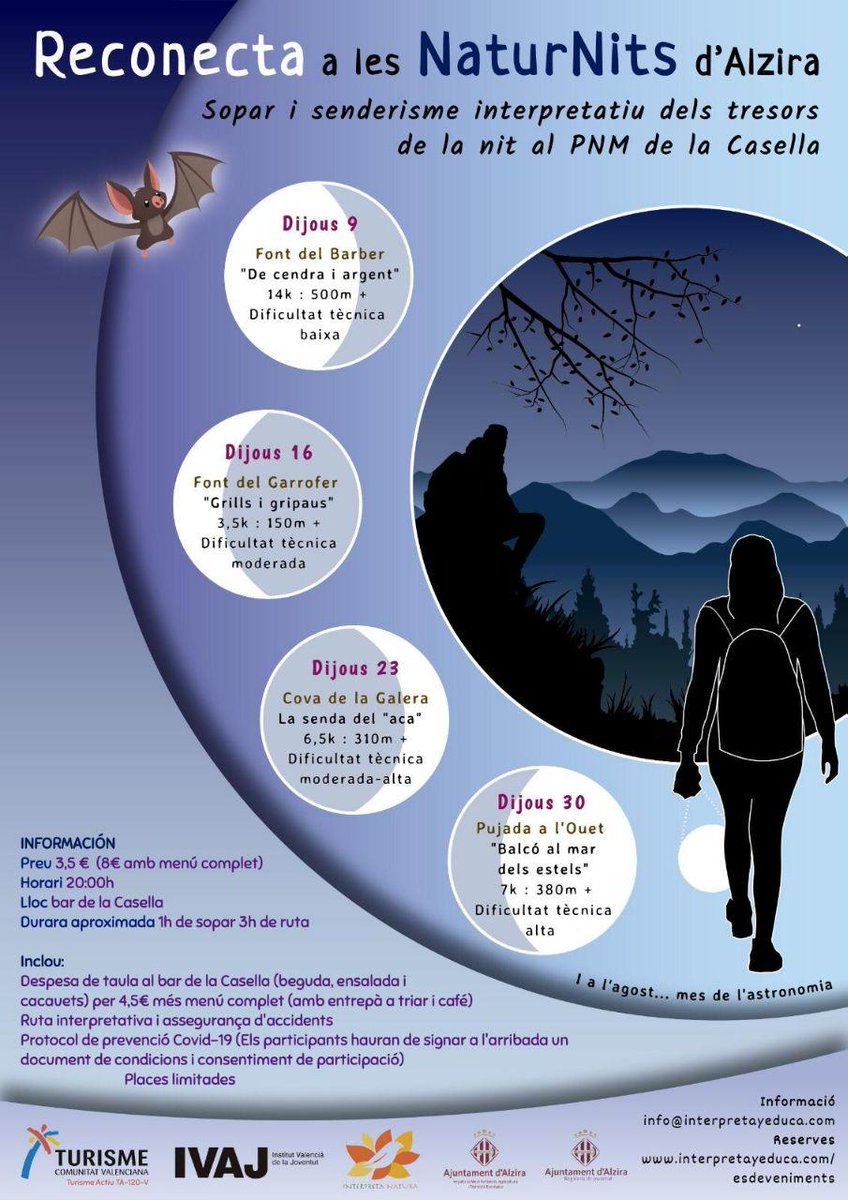 **RECONNECTA A LES NATURNITS D'#Alzira**

Sopar i senderisme interpretatiu dels tresors de la nit al PNM de la Casella

Veure informació detallada en la imatge
<a href="/AlziraTurismo/">Alzira Turismo</a> <a href="/AjuntAlzira/">Ajuntament Alzira</a>