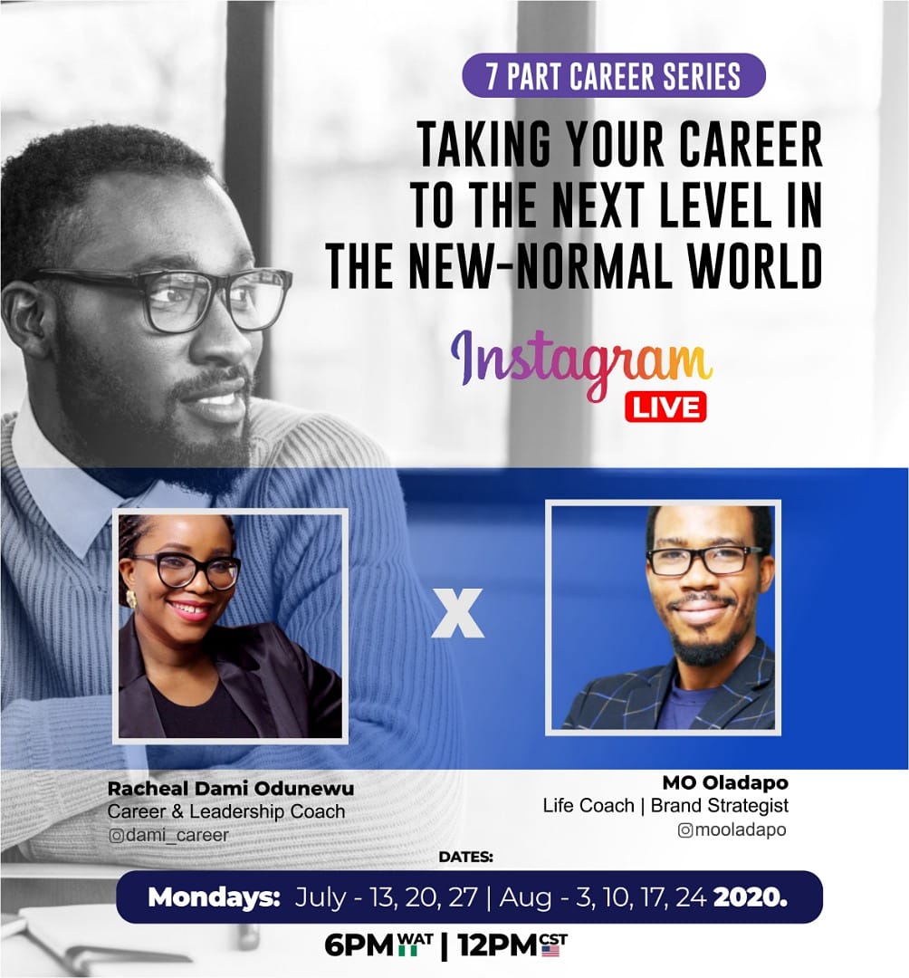 mo_oladapo's tweet photo. I will be having a 7 Part Conversation series on #IGLive with @dami_career (the Leadership and Career Coach) talking about TAKING YOUR CAREER TO THE NEXT LEVEL...
#career #coaching #newnormal #lifestyle #strategy #decisions #instagram #conversation #nextlevel #unstuck https://t.co/NHUgxv0mxF