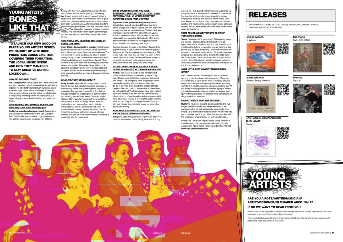 In this month's issue: For the launch of our new Good On Paper Young Artists series we caught up with local indie punksters <a href="/boneslikethat/">Bones Like That</a>  and put together a list of recommended releases by Stroud dwelling bands and solo artists...goodonpaper.info/stockists