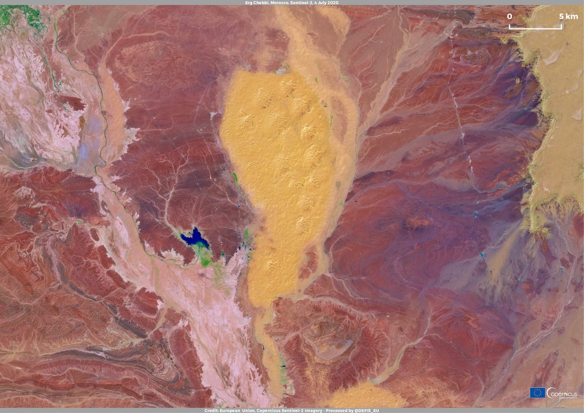 #ImageOfTheDay
Erg Chebbi is located in the east of #Morocco
Its impressive dunes, formed by wind-blown sand, rise to 150m and are surrounded by the geological treasures of the Anti-Atlas mountains
#Sentinel2🇪🇺🛰️ image acquired on 4 July 2020
#EUSpace for #RawMaterials