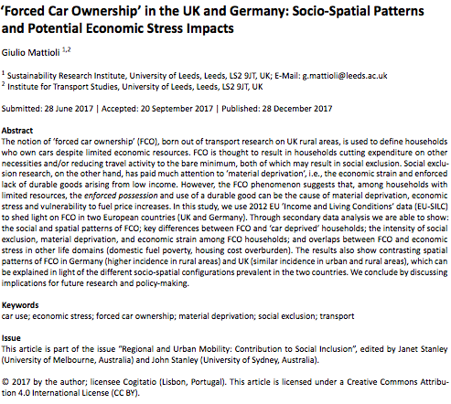 7% UK households in forced car ownership (FCO)FCO=having car b/c seen as only viable travel option but can't afford it Households w/ FCO 51% unpaid utility bills46% can't heat home11-12% low income households in FCO (70% higher than avg) http://eprints.whiterose.ac.uk/122016/ 