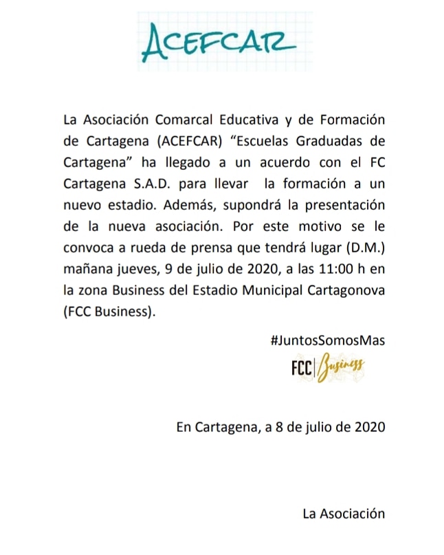 Mañana en la zona Business del Estadio Cartagonova a las 11:00h, presentación oficial de <a href="/EscuelasGradua1/">ACEFCAR</a> .