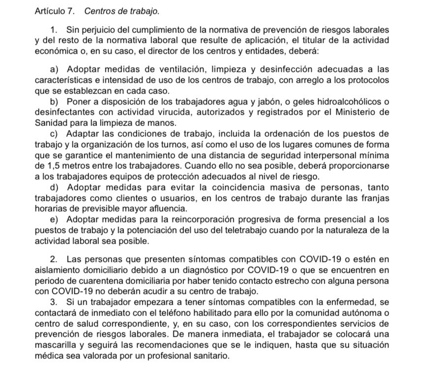 ⚠️ #BOE 8.7.20: RDLEY 26/20:

DF12: Se habilita a Inspección de Trabajo y Seguridad Social para vigilar en los centros de trabajo

✅ ventilación,limpieza y desinfección 

✅ geles hidroalcohólico

✅ 1,5 m entre trabajadores o epis 

✅ evitar coincidencia masiva trabajadores