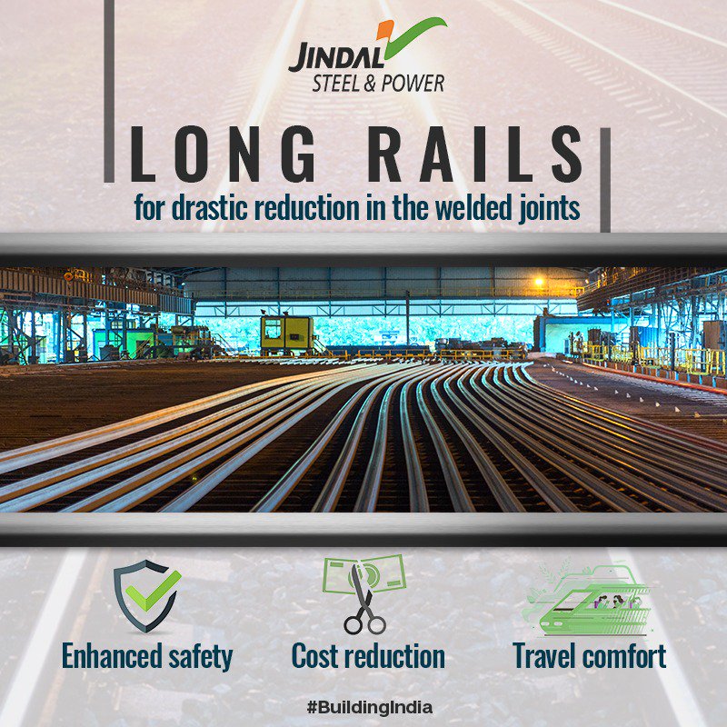 JindalSteel_In's tweet photo. Long Rails from JSPL help in achieving a drastic reduction in the welded joints, providing enhanced safety, travel comfort and cost reduction.

 #JSPLRails #LongRails #BuildingIndia https://t.co/WpXk54TB8f