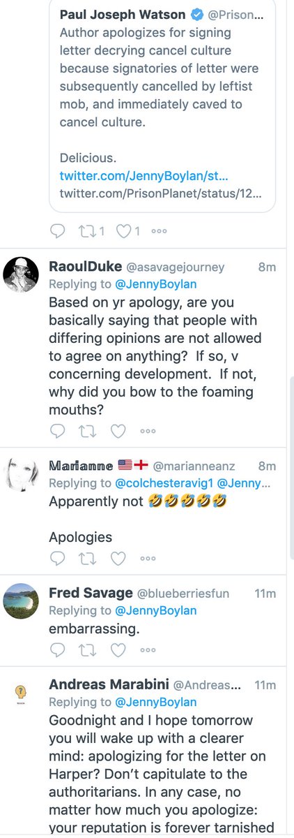 ...hey, look, now far-right accounts (e.g., @/pris0nplanet) are tweeting shit about @/jennyboylan for apologizing about the  #harpersletter. gee whiz, how could have Jesse Singal even predicted that?