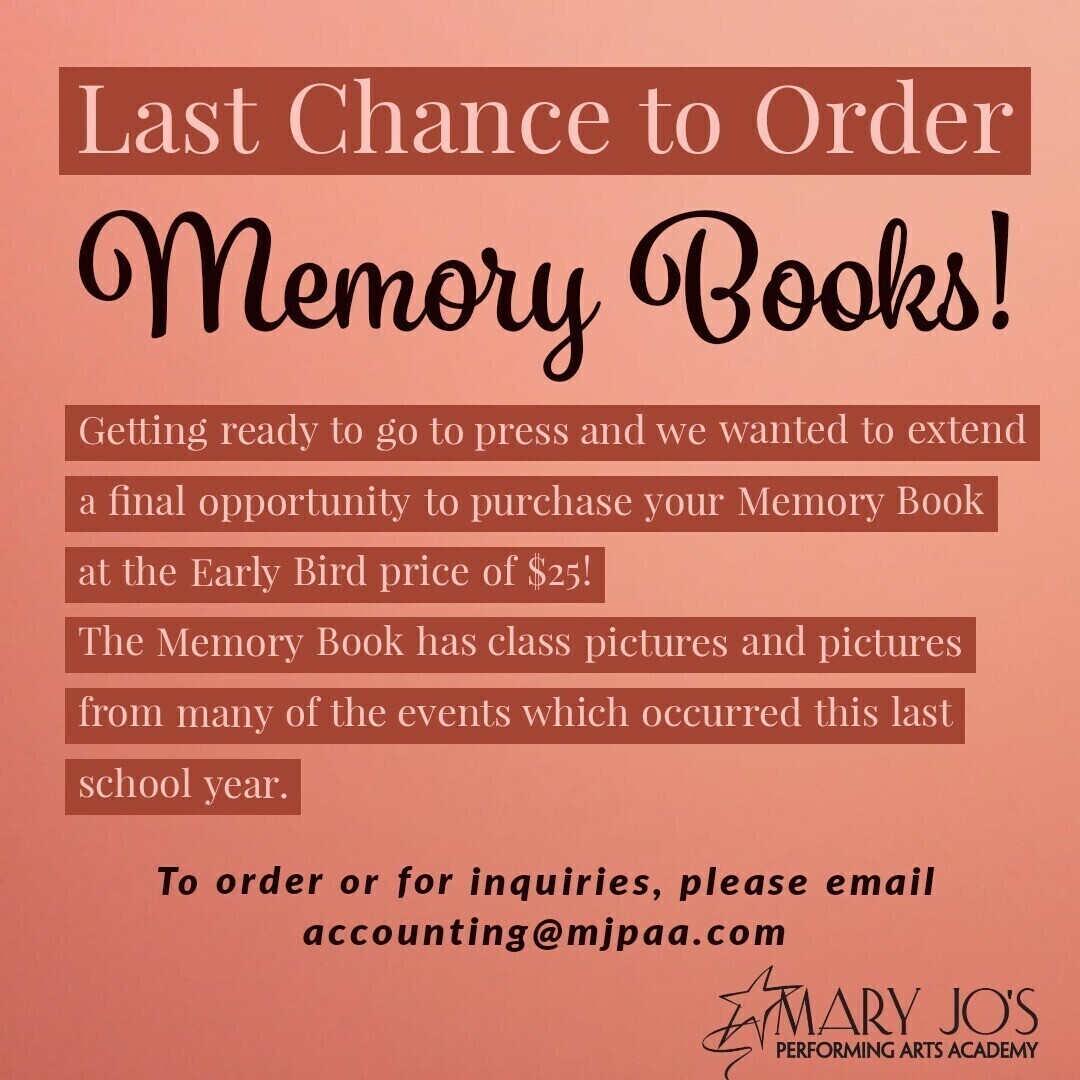 MJPAA's tweet photo. LAST CHANCE to Order Memory Books❗
We wanted to extend a final opportunity to purchase your #MemoryBook at the Early Bird price of $25! 😊
#MJPAA Memory Book has class photos and photos from events from this year. 💕
To order or for inquiries, pls email accounting@mjpaa.com. https://t.co/gXYXiQwZlO