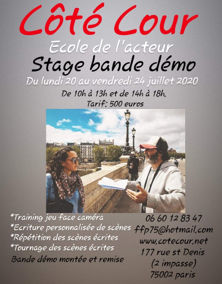 ffp75's tweet photo. Ecole d’acteurs Côté Cour: stages bande démo du lundi 13 au vendredi 17 juillet et du lundi 20 au vendredi 24 juillet. Renseignements et inscriptions au 0660128347 et sur https://t.co/T42313QXU0 #stages #cinema #tournages #bandedemo #jeufacecamera #acting #comediens #comediennes https://t.co/sDedEVHNjl