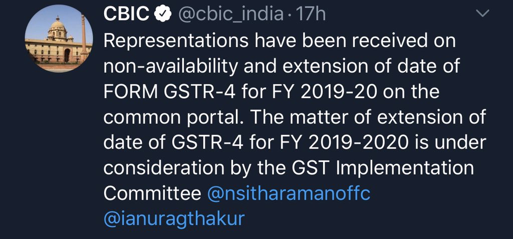 TAXATIONANDINV1's tweet photo. GSTR4 extension of date for FY 19-20 is under consideration
#gst #tax #gstn #due #date #extension #goodsandservicetax #onetaxonenation #india #3years #indirecttax #financeminister #COVIDー19 #measures https://t.co/VGPWrxQEj1
