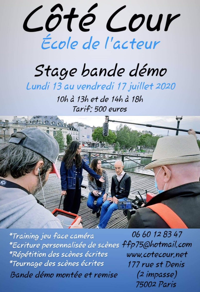 EcoleCoteCour's tweet photo. Stages bande démo du lundi 13 au vendredi 17 juillet et du lundi 20 au vendredi 24 juillet. Renseignements et inscriptions au 0660128347 et sur https://t.co/Tdm2OWogXE #stages #cinema #tournages #bandedemo #jeufacecamera #acting #comediens #comediennes https://t.co/dT3whsaVyL