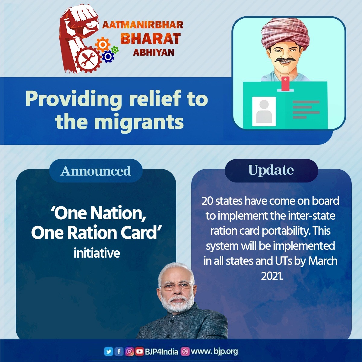 BJP4Andhra's tweet photo. 'One Nation, One Ration card' will be a reality soon.

This system in all states and Union Territories will be implemented by March 2021.

Till now about 20 states have come on board to implement the inter-state ration card portability.
#AatmaNirbharBharat https://t.co/36A1j6D4LK