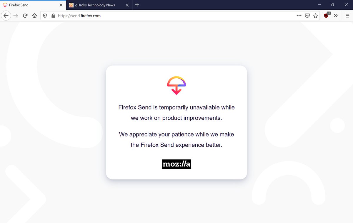 ghacks's tweet photo. Mozilla suspends Firefox Send service temporarily #mozilla #firefoxsend #malware

https://t.co/D6JYliImwy https://t.co/TZj4OzNfEX