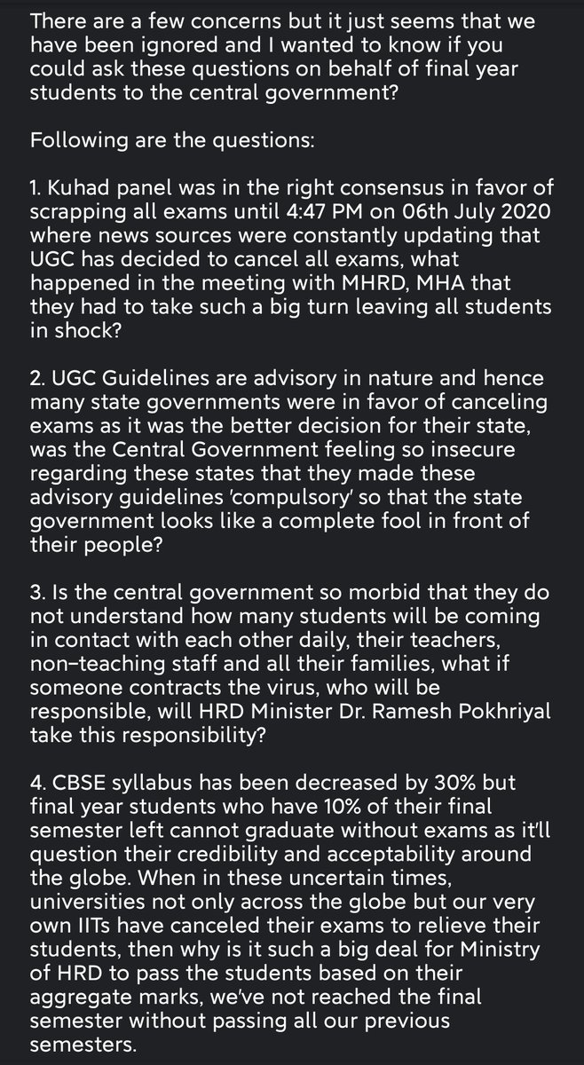 Student87917565's tweet photo. HERE ARE A FEW QUESTIONS RAISED BY FINAL YEAR STUDENTS THAT WE SEEK ANSWERS OF, FROM @DrRPNishank @AmitShah @ugc_india 
I WOULD REQUEST EVERYONE TO PLEASE SHARE THESE AND HELP IT REACH THE CONCERNED PEOPLE. #cancelfinalyearexam @nsui @aishe_ghosh @guptar @FinalStudents @Yash_nag7 https://t.co/AOXhnoOA5x