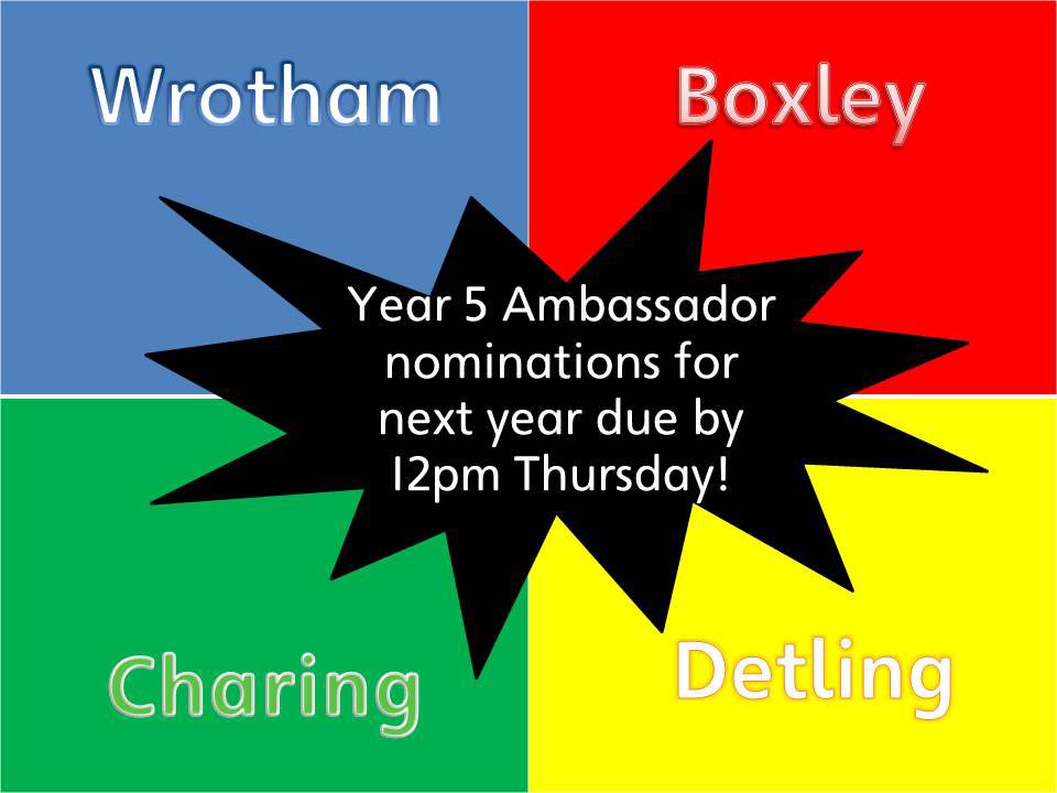 Current Y5 - please email your Ambassador pitch to Mrs Edinburgh by Thursday. Video, PowerPoint or speech. Good luck! 🤞🏻🍀