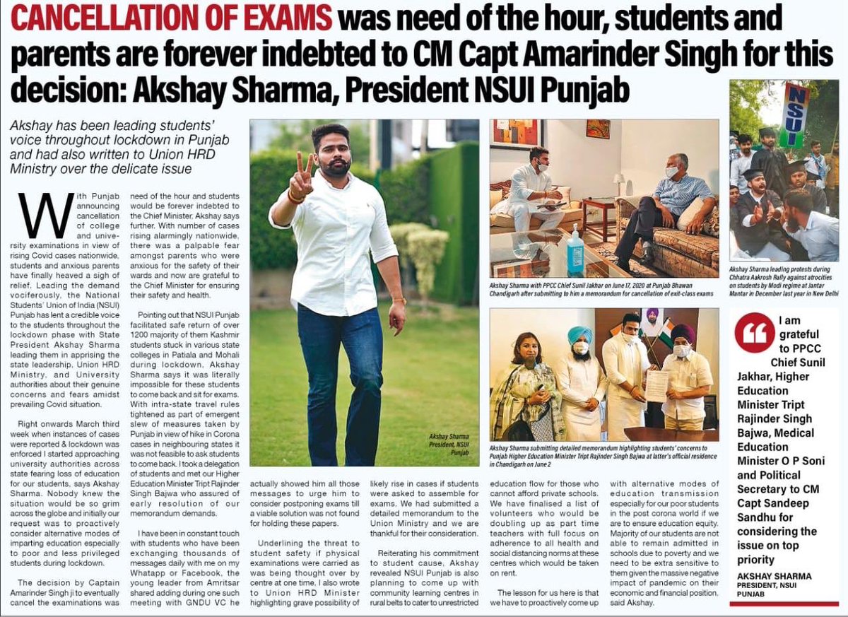 AkshaySharmaOrg's tweet photo. We owe it to our Hon'ble CM @capt_amarinder Singh for addressing students' concerns always. Sharing my thoughts expressed during interaction with @HTPunjab with you all. Your confidence is my strength! https://t.co/6zSmEf9L1c