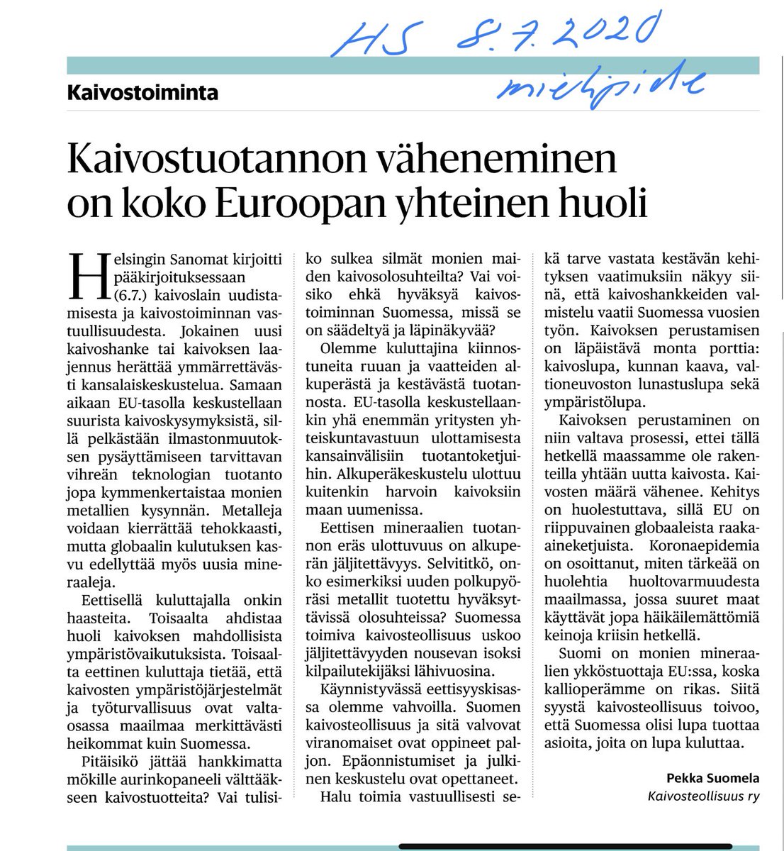 Kirjoitin tänään Hesarissa vastuullisuudesta, eettisyydestä sekä Suomen mahdollisuuksista mineraaliklusterin arvoketjussa. #Ennenkaikkeakaivos