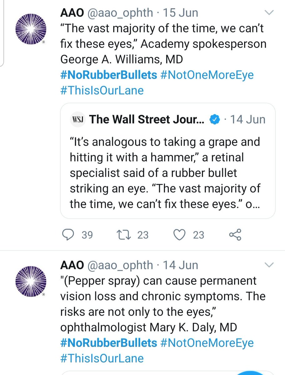 ShaziaShafi5's tweet photo. #Thread
This is the pinned tweet on American Academy of Ophthalmology's official Twitter handle, AAO is world's largest association of Eye physicians& surgeons.
AAO strongly condemns use of rubber bullets/less lethal weapons.
It says:USING UR VOICE SHOULDN'T MEAN LOSING UR VISION https://t.co/0i9d7Tt5Ej