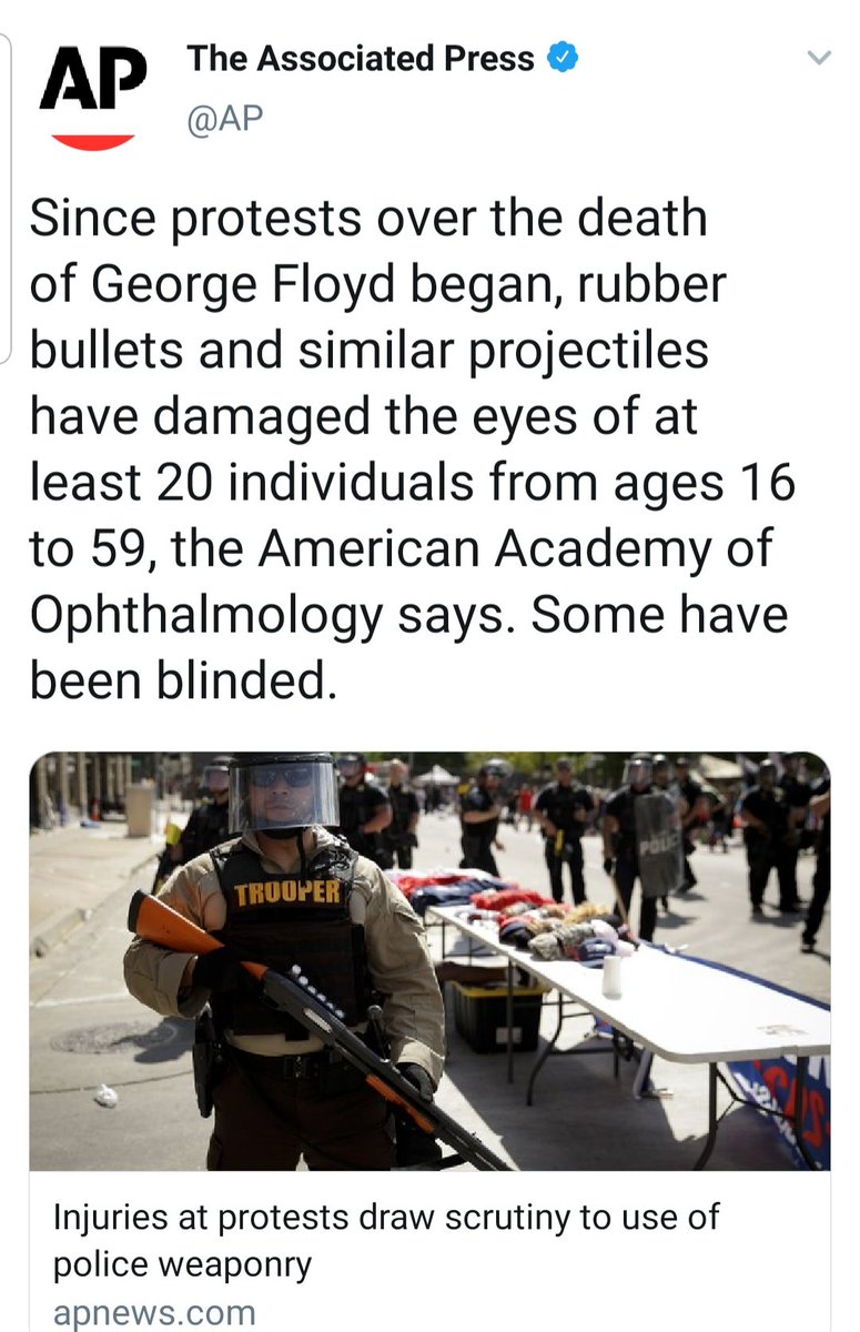 ShaziaShafi5's tweet photo. #Thread
This is the pinned tweet on American Academy of Ophthalmology's official Twitter handle, AAO is world's largest association of Eye physicians& surgeons.
AAO strongly condemns use of rubber bullets/less lethal weapons.
It says:USING UR VOICE SHOULDN'T MEAN LOSING UR VISION https://t.co/0i9d7Tt5Ej