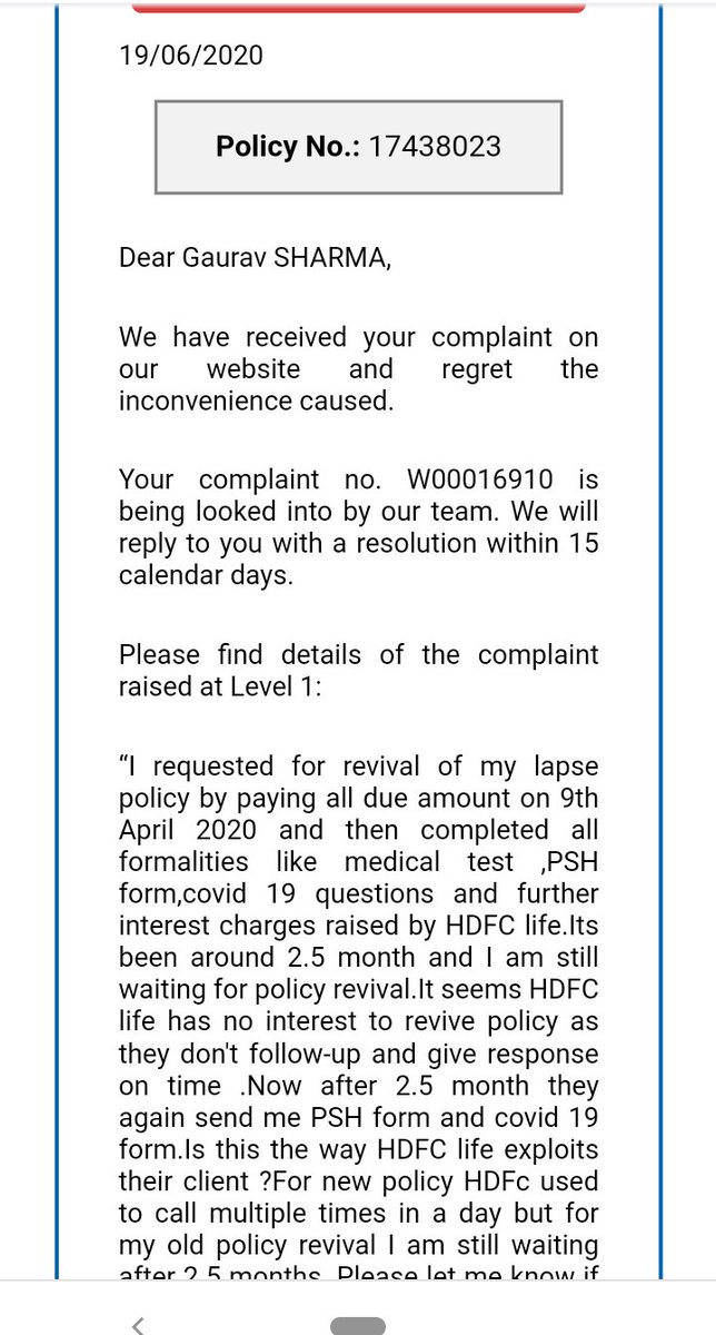GauravS83179577's tweet photo. I reqstd revival of policy17438023 on 9th april20 &amp;completed all formalities even paid interest as demanded. It's been 3 months still waiting for policy revival as thr is such a bad response from HDFC life.Even raised dis in grievence still no respone @HDFCLIFE @HDFCLife_Cares https://t.co/ambrWSYciy