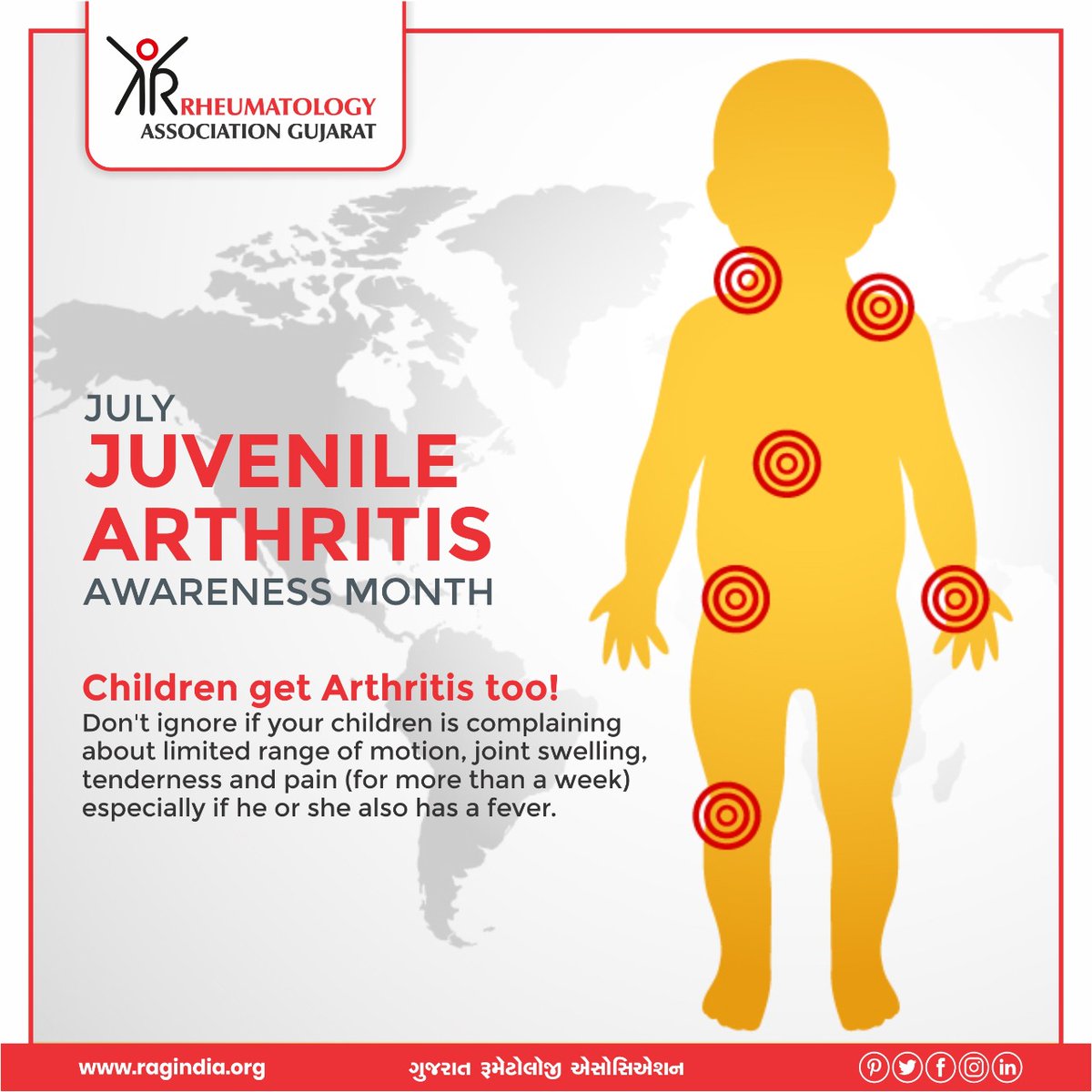raggujarat's tweet photo. July is Juvenile Arthritis Awareness Month! Did you that #KidsGetArthritis too? Join us all month long as we raise awareness of this disease that impacts the lacs of kids.
#RAG #Rheumatology #Rheumatologist #JuvenileArthritis. https://t.co/YqyLDTvZJo